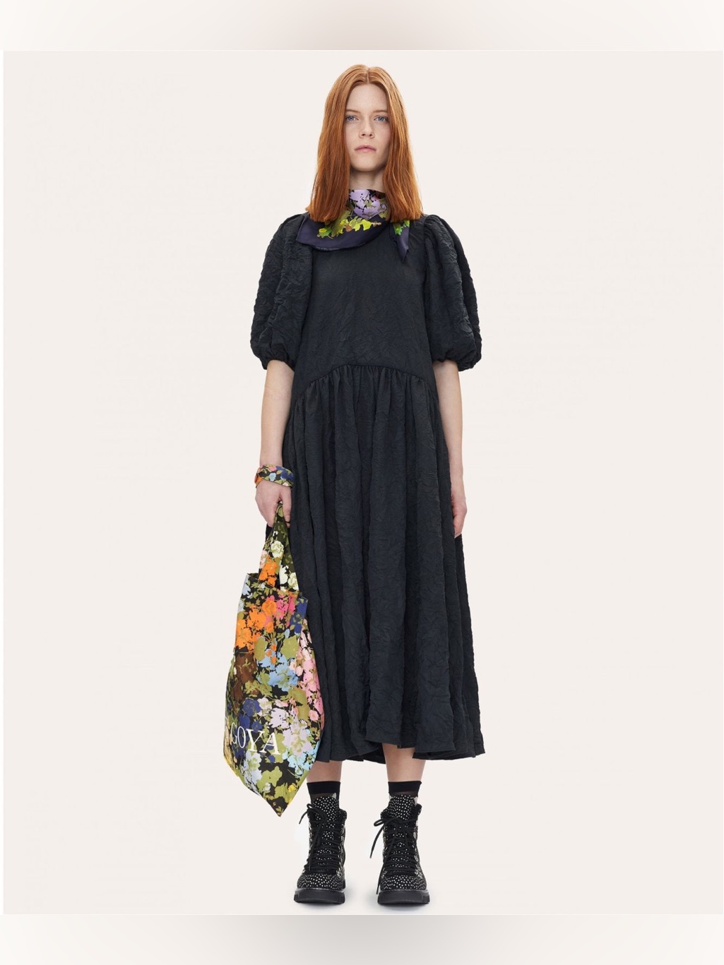Stine Goya Black Puff-Sleeve Midi Dress Medium